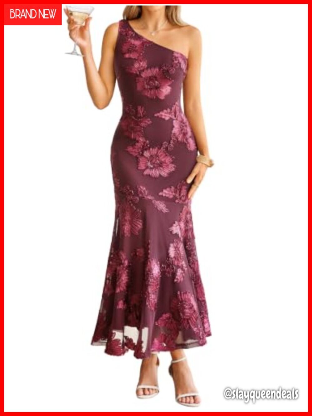 One Shoulder Floral Embroidered Mesh Bodycon Maxi Dress Mermaid Hem